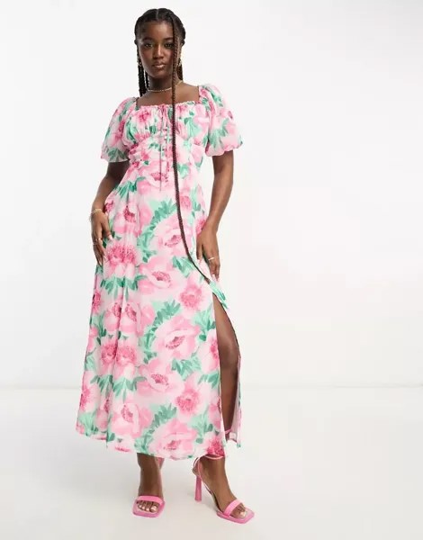 Розовое шифоновое платье макси Miss Selfridge с цветочным принтом, рукавами-буфами и завязкой сзади