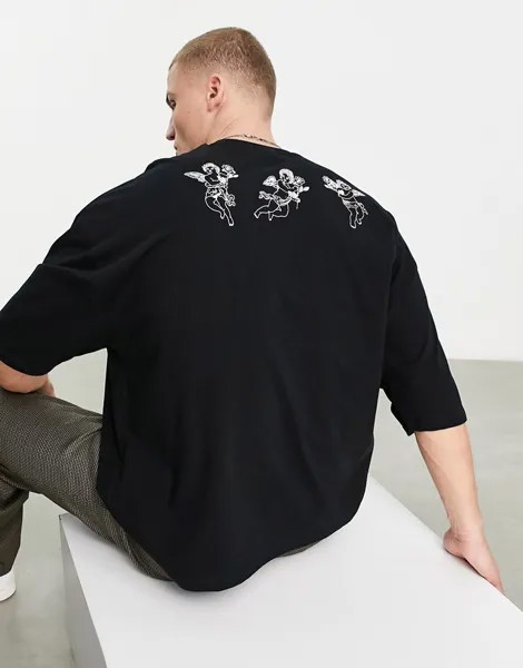 Черная футболка в стиле oversized с принтом в виде херувимов на спинке ASOS DESIGN-Черный