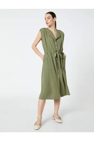 Платье-рубашка миди с карманами, без рукавов, с поясом Koton, хаки