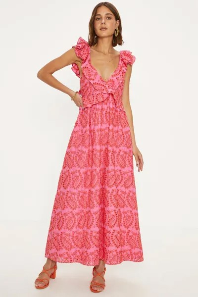 Платье бродери с рюшами и завязкой на спине Oasis, розовый