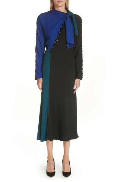 НОВОЕ кади-платье миди MARC JACOBS черного, синего и зеленого цвета с драгоценными камнями и завязками на шее 4 США