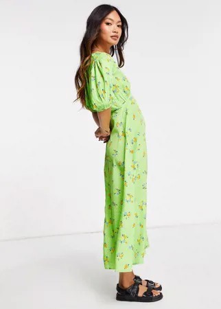 Чайное платье миди с объемными рукавами, разрезом спереди и ярким цветочным принтом Neon Rose-Зеленый цвет