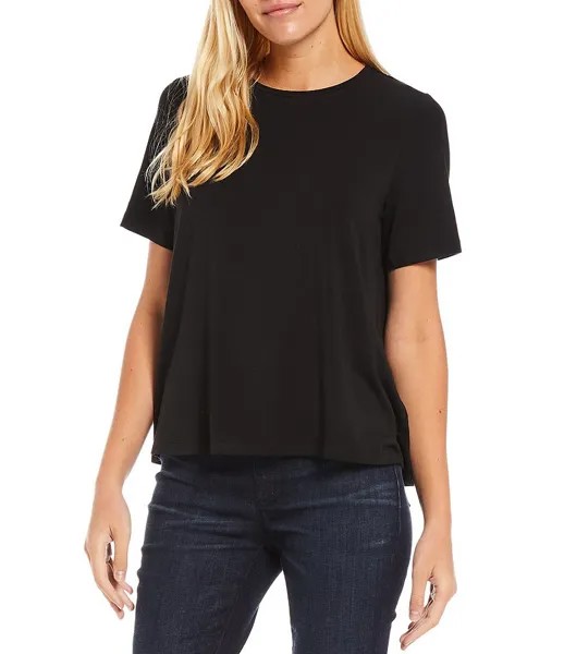 Легкая трикотажная рубашка с круглым вырезом и короткими рукавами Eileen Fisher Tencel, черный