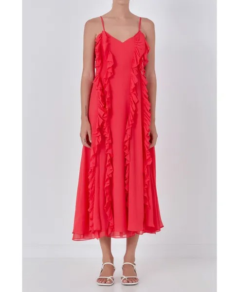 Женское шифоновое платье макси-спагетти с рюшами endless rose, красный