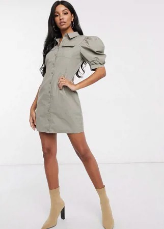 Шалфейно-зеленое платье-рубашка из поплина с пышными рукавами Missguided-Зеленый