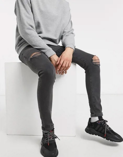 Серые супероблегающие джинсы с рваной отделкой New Look-Серый