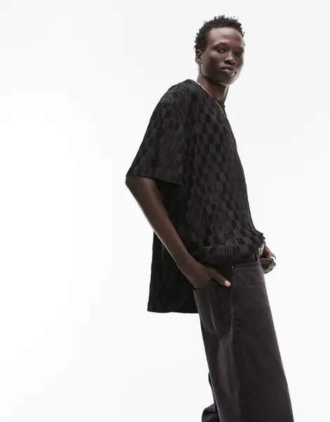 Черная футболка оверсайз с жаккардовой плиссой Topman