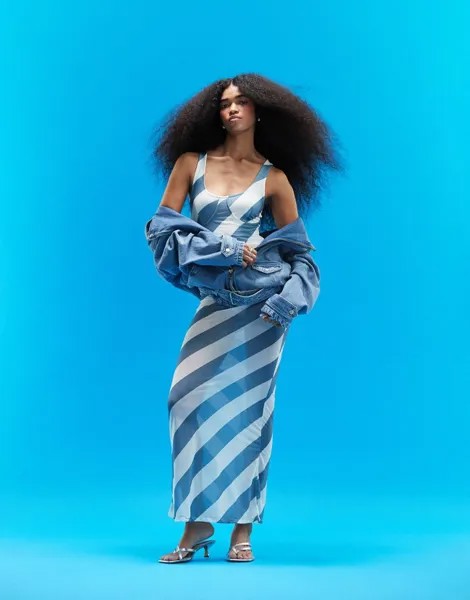 Прозрачное платье макси с боди и чашечками ASOS DESIGN в зеленую полоску