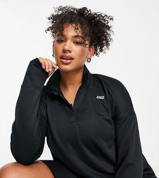Лонгслив с короткой молнией 1/4 и логотипом ASOS 4505 Curve-Черный цвет