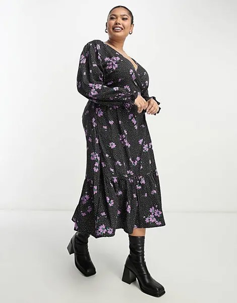 Фиолетово-черное платье миди с запахом и завязками на спине Wednesday's Girl Curve
