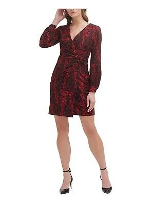 DKNY Женское красное вечернее платье с запахом выше колена с длинными рукавами и твист спереди 8