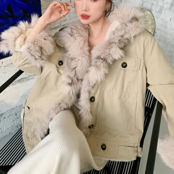 Зимняя теплая парка из лисьего меха, Женская куртка цвета хаки с меховым воротником, пушистая куртка большого размера, корейское пальто 2021, ...
