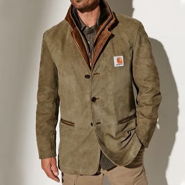 Мужской винтажный пиджак из карловарской телячьей кожи с воротником из мериносовой овчины