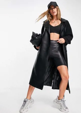 Черное пальто со вставками из искусственной кожи ASOS DESIGN-Коричневый цвет