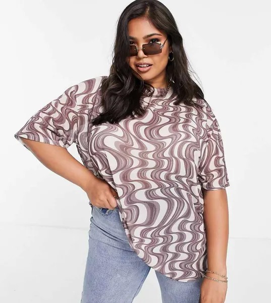 Сетчатая oversized-футболка с волнистым принтом ASOS DESIGN Curve-Разноцветный