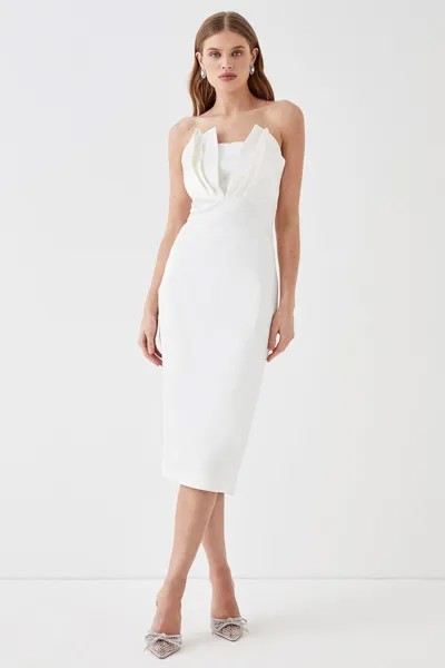 Итальянское атласное платье-бандо премиум-класса со складками спереди миди Coast, белый