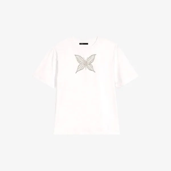Хлопковая футболка с бабочкой и стразами Maje, цвет blanc