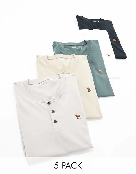 Abercrombie & Fitch – Набор из 5 футболок Henley с логотипом черного, серого, темно-серого и белого цветов