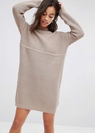 Платье крупной вязки в рубчик с высоким воротом ASOS PETITE-Розовый