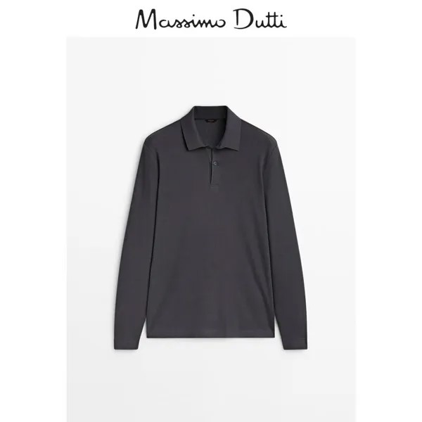 Лонгслив-поло Massimo Dutti с длинными рукавами, темно-серый