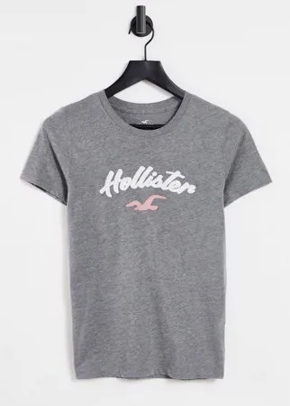 Серая футболка с логотипом Hollister-Серый