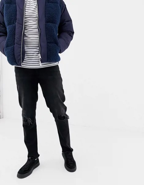 Суженные книзу черные рваные джинсы из денима плотностью 12,5 унции ASOS DESIGN-Черный
