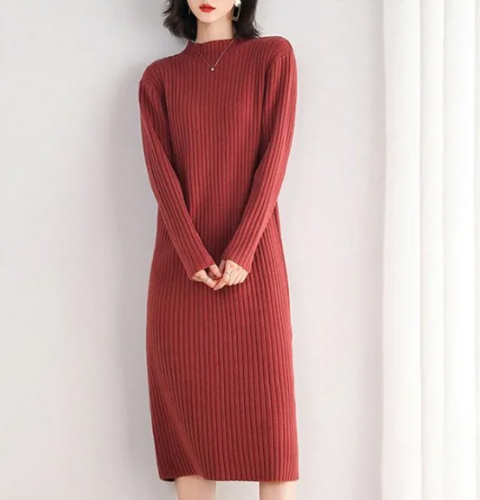 Женское платье-свитер до колен, однотонный плотный пуловер с круглым вырезом, красного и абрикосового цвета, на осень и зиму