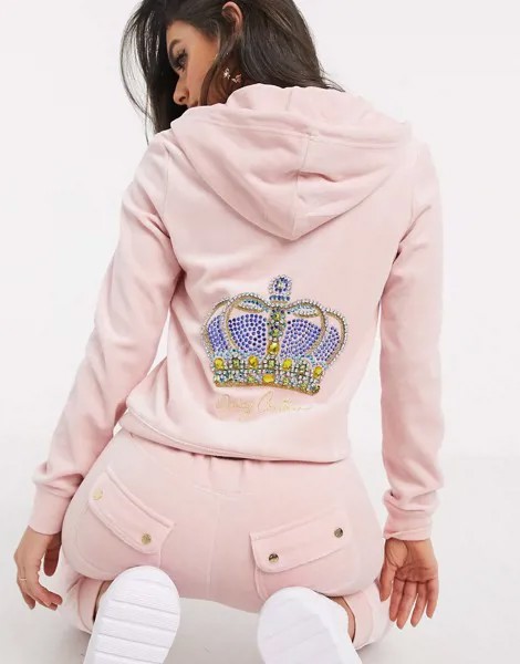 Розовый велюровый худи с короной Juicy Couture