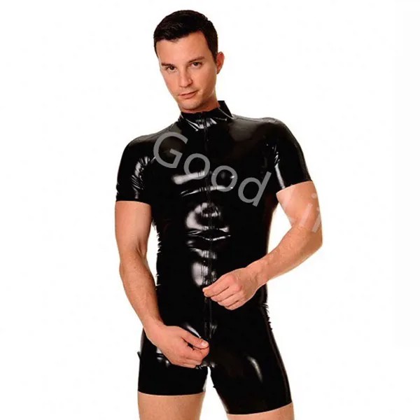 Сексуальные черные мужские шорты из искусственного латекса с молнией спереди