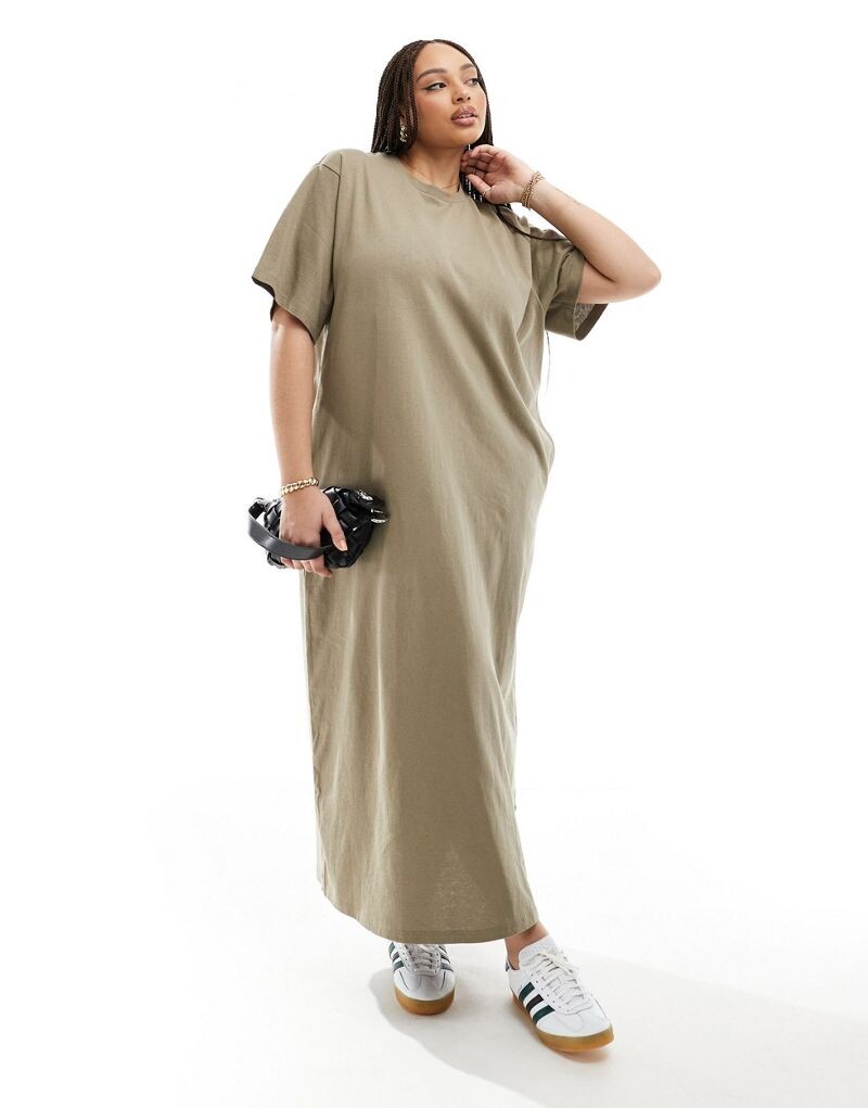 Платье-футболка премиум-класса с карманами цвета хаки ASOS EDITION Curve