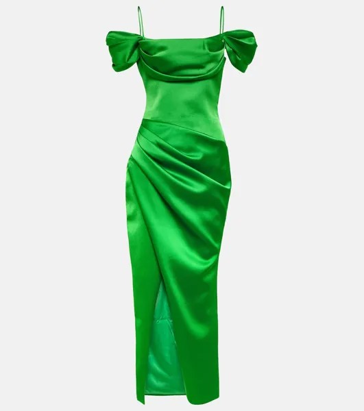 Атласное платье миди с драпировкой и открытыми плечами Rasario, зеленый