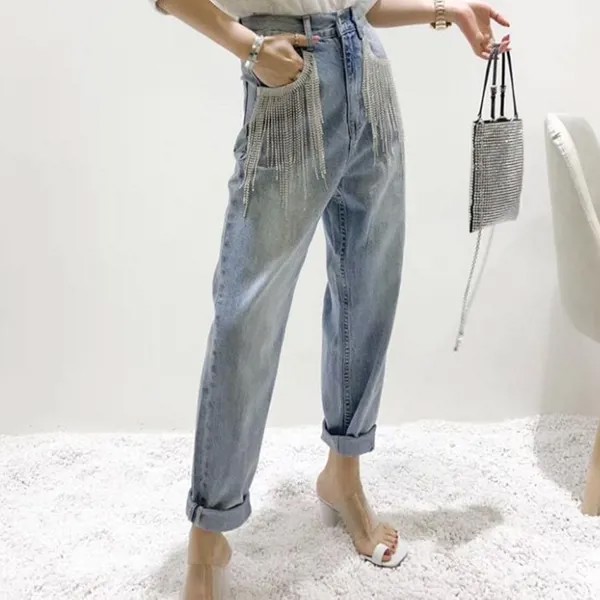 Модные женские джинсы Стразы с бахромой и бисером, с высокой талией и цепочкой, блестящие Прямые повседневные весенне-летние
