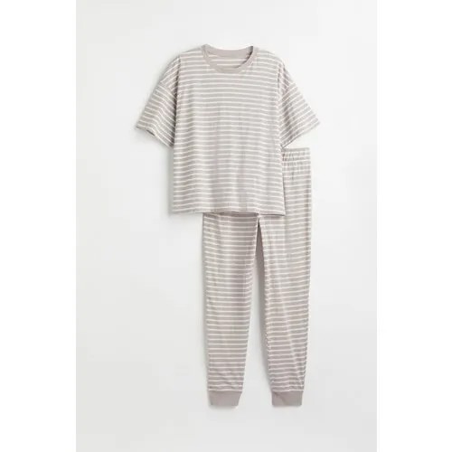 Пижама H&M, футболка, брюки, короткий рукав, трикотажная, пояс на резинке, без карманов, размер 4XL, белый, бежевый