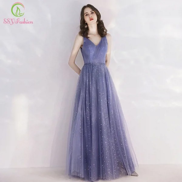 Женское вечернее платье до пола SSYFashion, элегантное блестящее длинное платье серого и синего цвета с v-образным вырезом, бальное платье для выпускного вечера