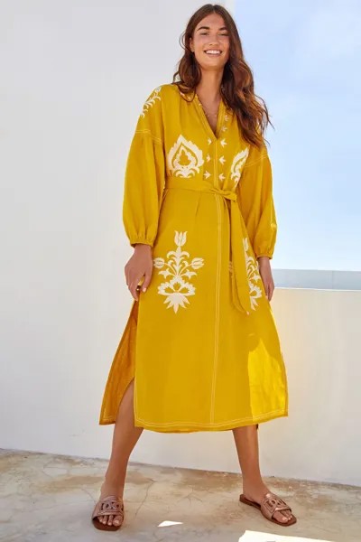 Летнее вышитое платье миди с высоким содержанием льна Next, желтый