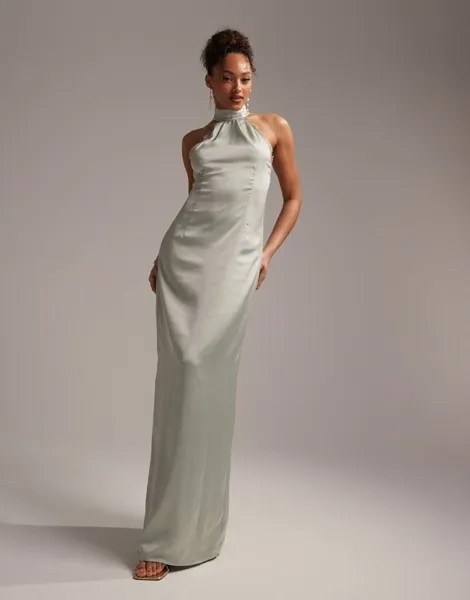 Платье макси с воротником-стойкой и воротником-стойкой ASOS DESIGN Bridesmaids шалфейно-зеленого цвета