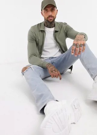 Оливковая обтягивающая трикотажная куртка харрингтон ASOS DESIGN-Зеленый