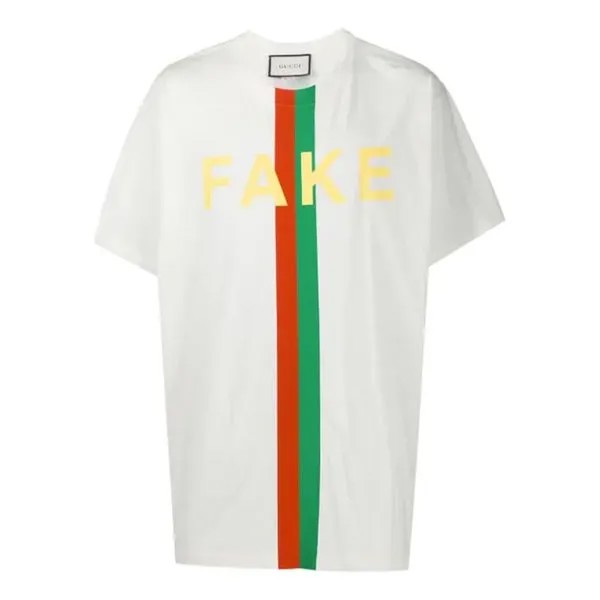 Футболка Men's GUCCI Fake/Not Alphabet Printing Large Short Sleeve White T-Shirt, белый