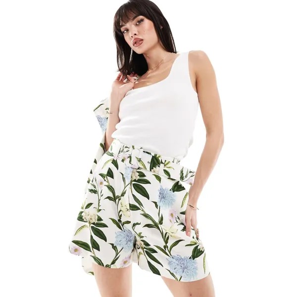 Шорты Asos Design Floral Print Tailored Belted With Linen, мультиколор