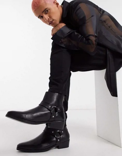 Черные кожаные ботинки челси в стиле вестерн на кубинском каблуке ASOS-Черный цвет