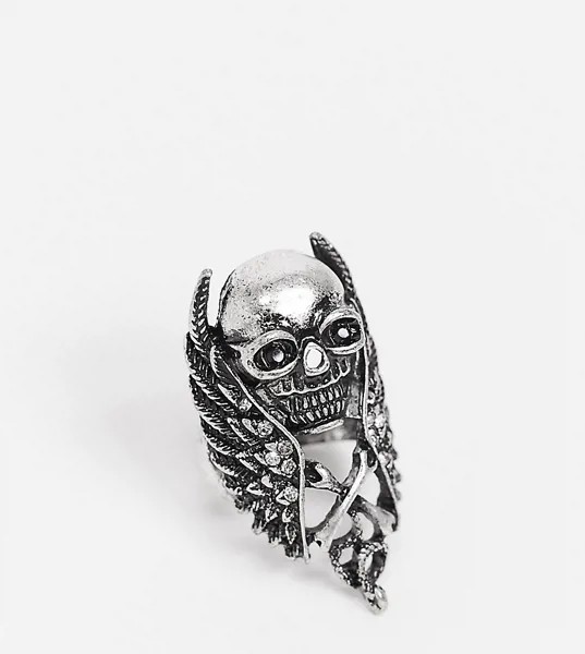 Серебристое кольцо с черепом и крыльями Reclaimed Vintage inspired-Серебряный