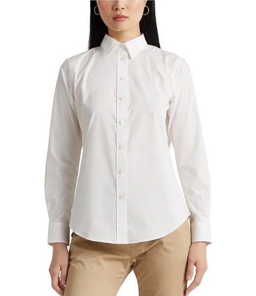 Lauren Ralph Lauren Petite Size Легкая в уходе рубашка с острым воротником и длинными рукавами, белый