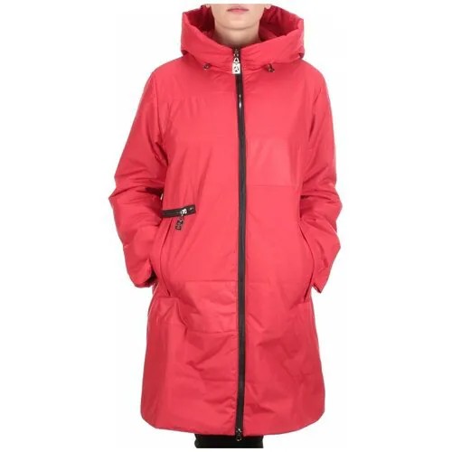 Куртка  демисезонная, удлиненная, силуэт прямой, подкладка, капюшон, карманы, размер 54, красный