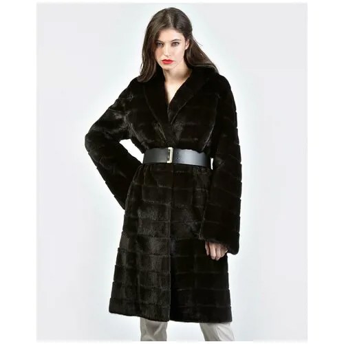 Пальто Rindi, норка, силуэт прямой, пояс/ремень, размер 44, черный