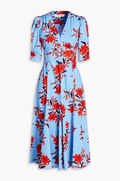 Платье миди из хлопкового поплина с цветочным принтом Diane Von Furstenberg, светло-синий