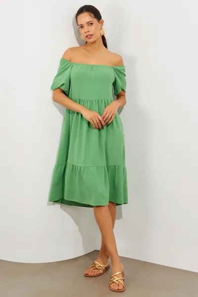 Женское зеленое платье миди с воротником Мадонна и оборками Q964 Cool & Sexy, зеленый