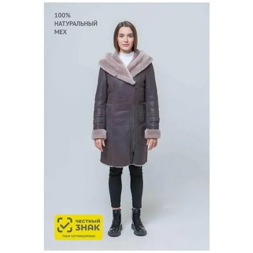 Дубленка женская зимняя натуральная, две молнии, капюшон, коричневая. 44 размер