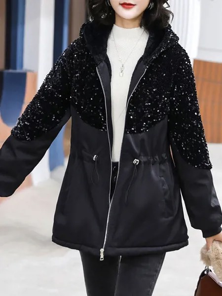 Milanoo Puffer Coats For Women Black Hooded Sequins Zipper Long Sleeves Outerwear
