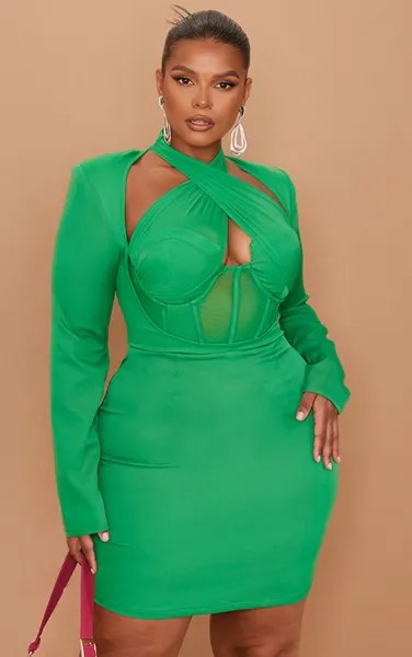 PrettyLittleThing Ярко-зеленое облегающее платье PLT Label Plus с корсетом и крестом спереди