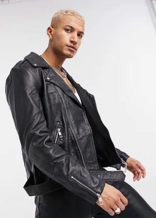 Кожаная байкерская куртка черного цвета с молниями ASOS DESIGN-Черный цвет